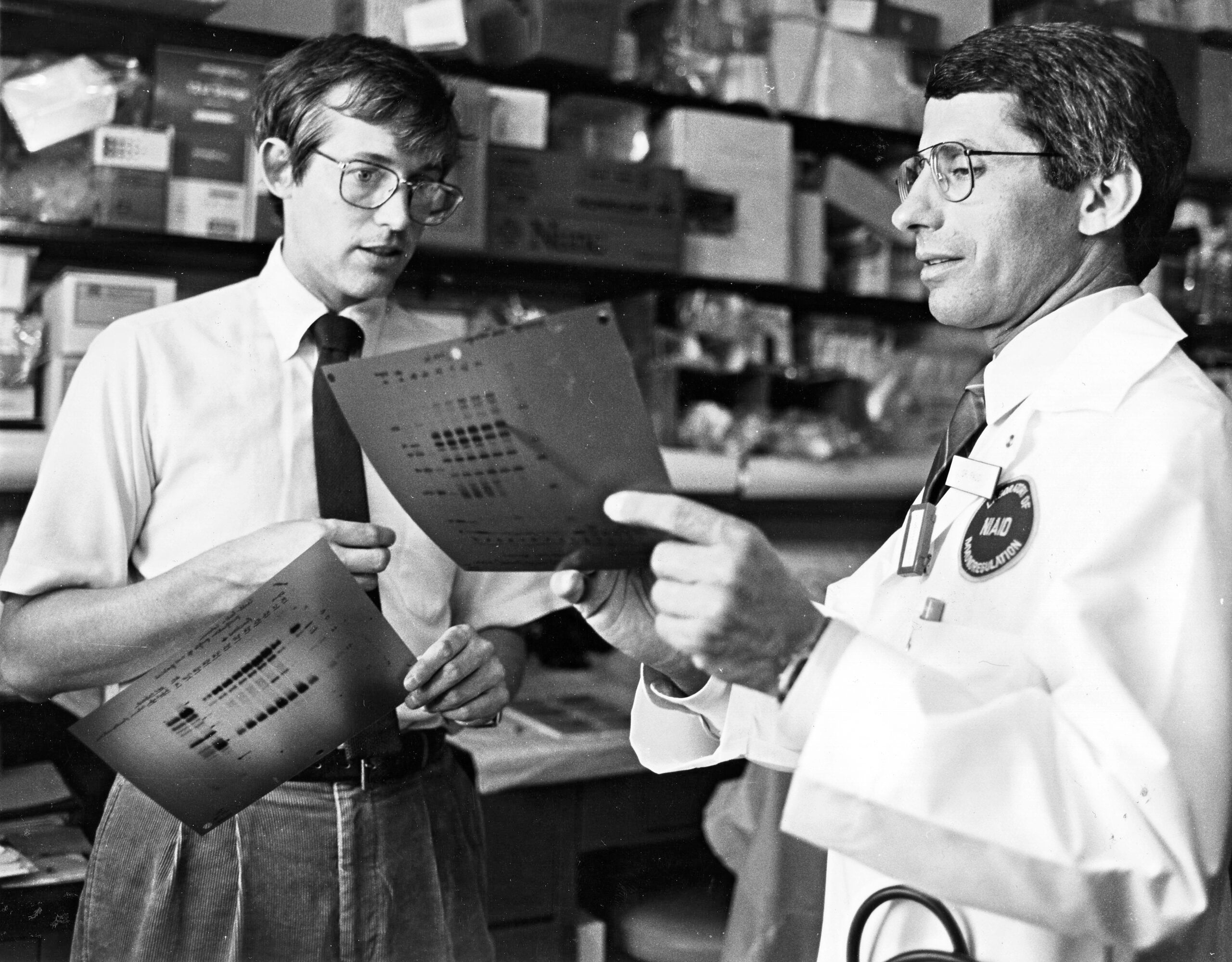 Anthony Fauci and HIV/AIDS research colleague in black and white photo