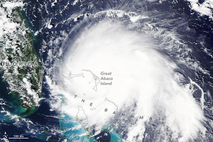 Hurricane Dorian sat over the Bahamas as a powerful Category 5 storm in 2019.