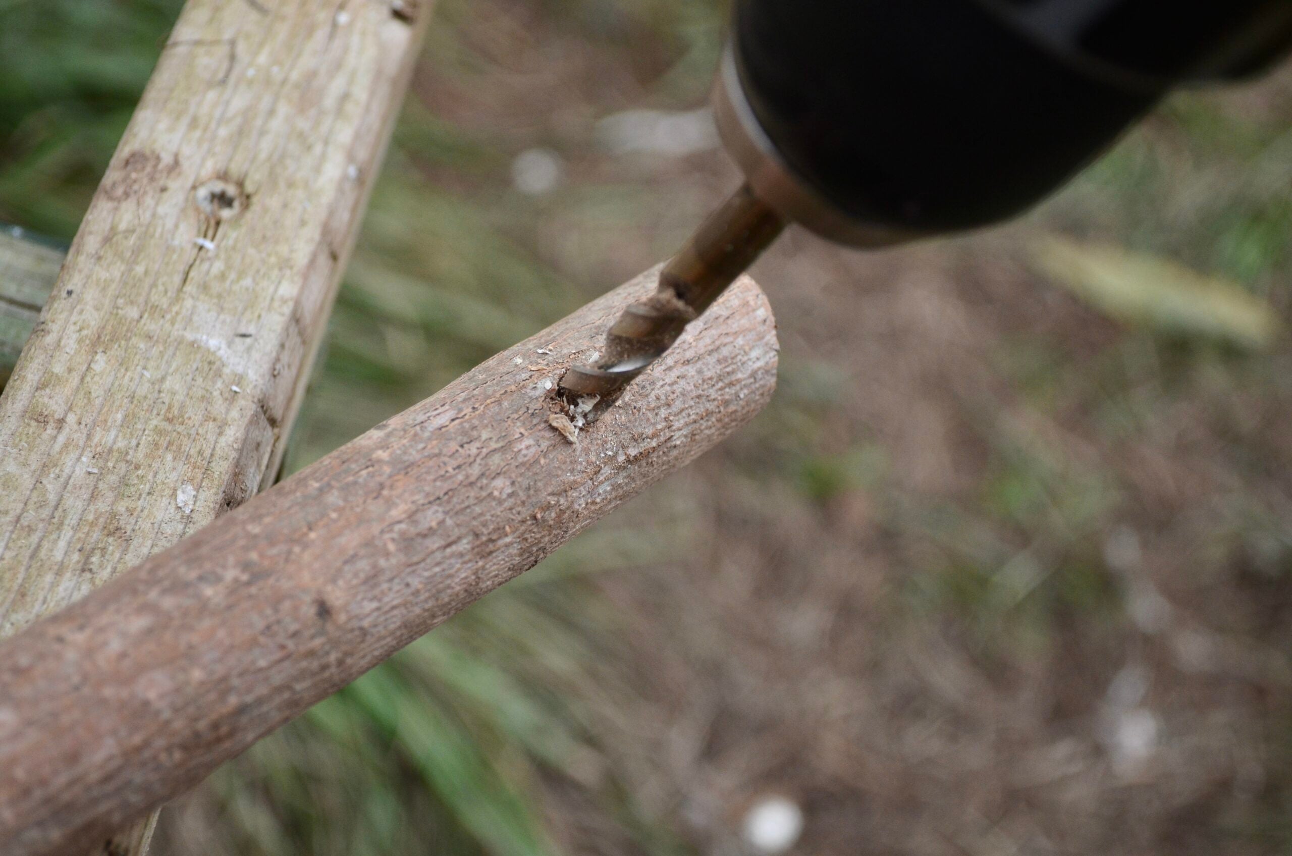 A close-up of a drill bit in the chuck of a drill, going into a stick for the seat of the chicken swing.