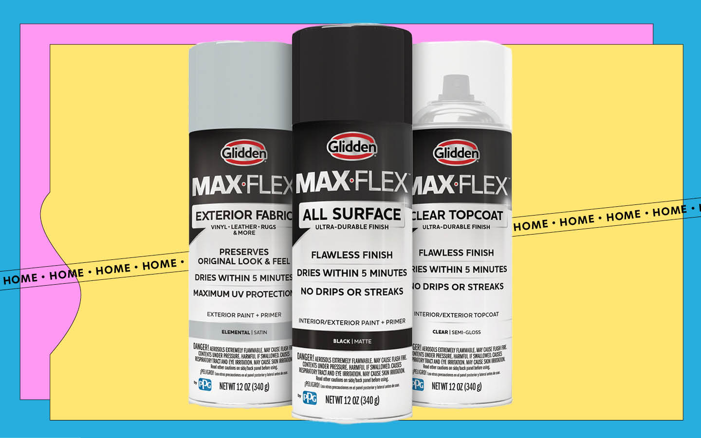 Three cans of Glidden Max-Flex all-surface spray paint. From left to right: elemental, black, and clear.
