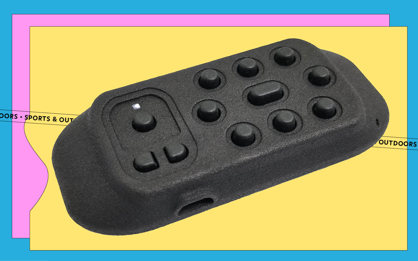 A PitchCom Sports device on a yellow, pink, and blue background