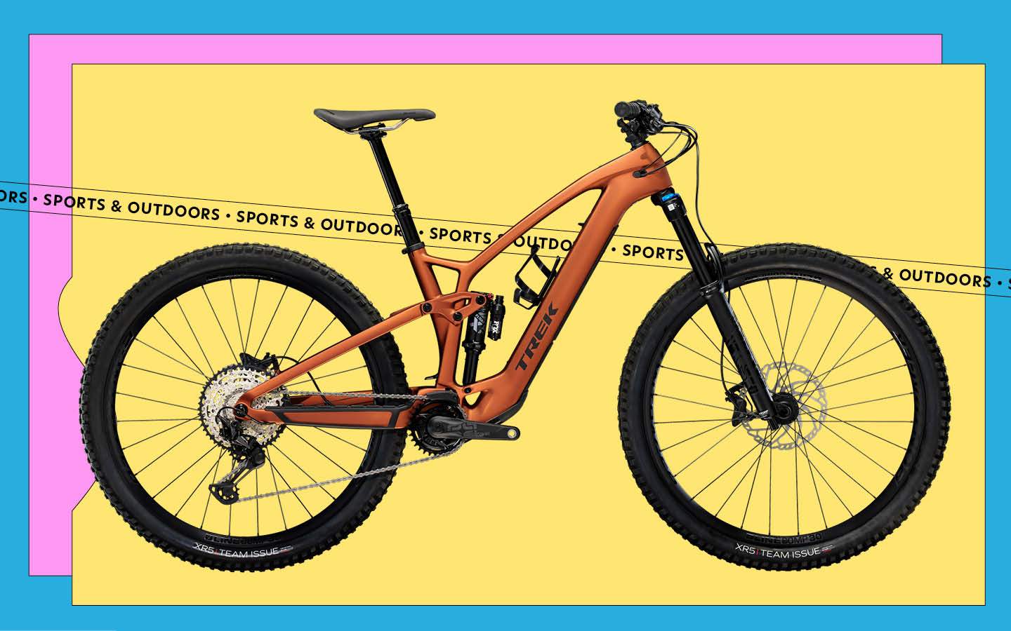 Am orange Trek Bikes Fuel EXE ebike on a yellow, pink, and blue background