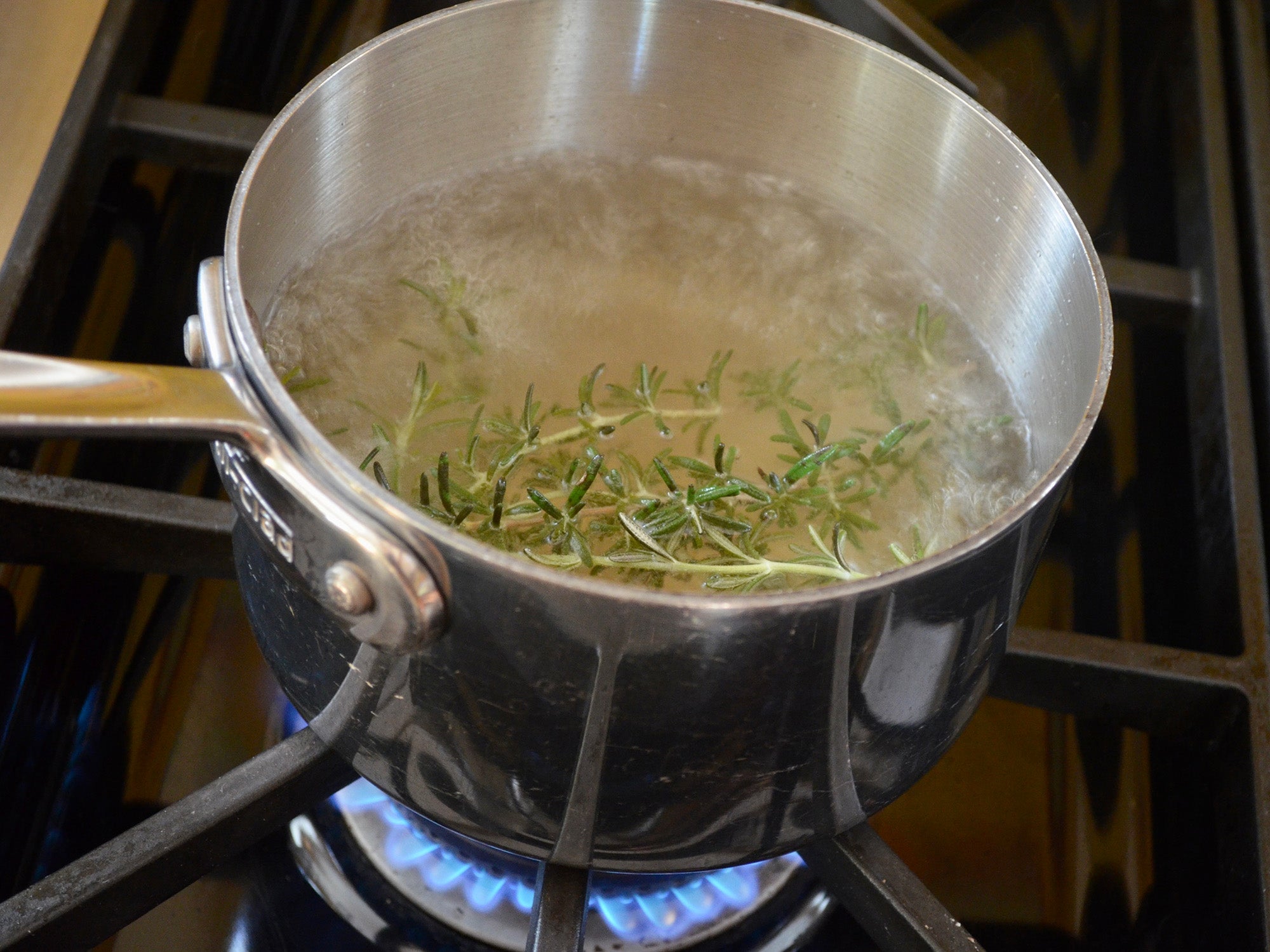 Pot of boiling water and sprig of rosemary boiling over a kitchen stove