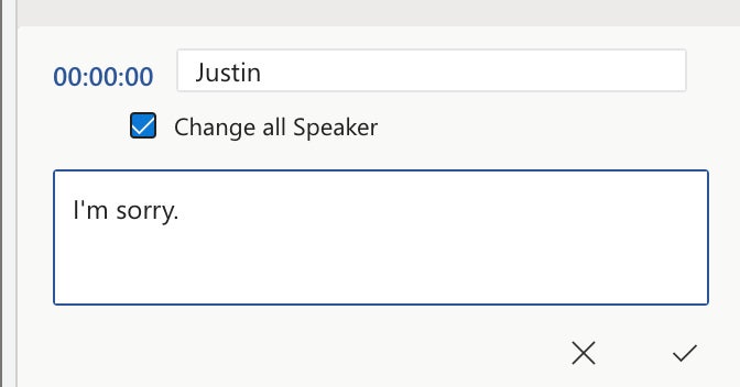 The option to change a speaker's name in Microsoft Word's audio transcription tool.