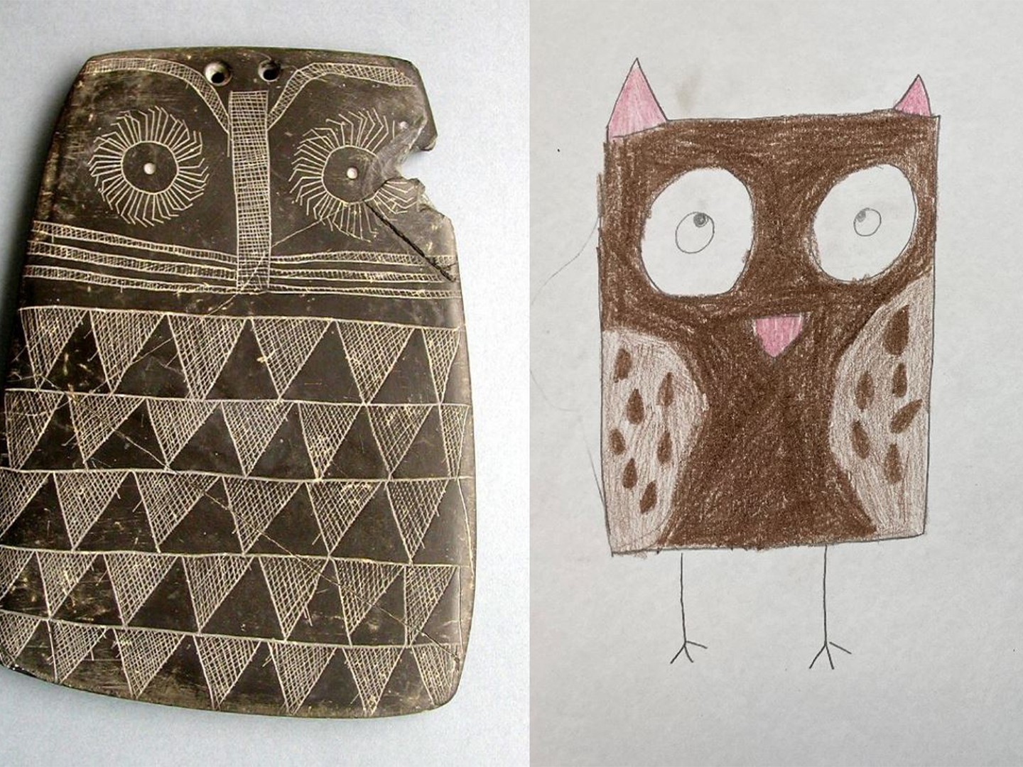 A carving called "Placa de Valencina" from the Archaeological Museum of Seville compared with a drawing made by a 6-year-old.