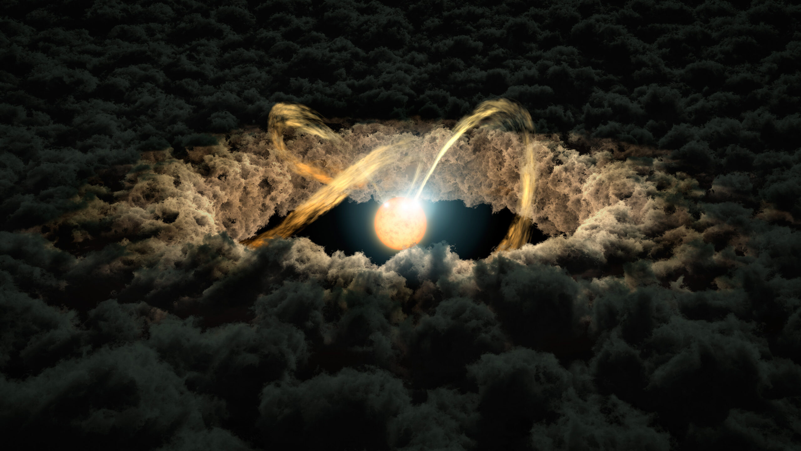 An artist's illustration of the dust and gas surrounding a newborn star.