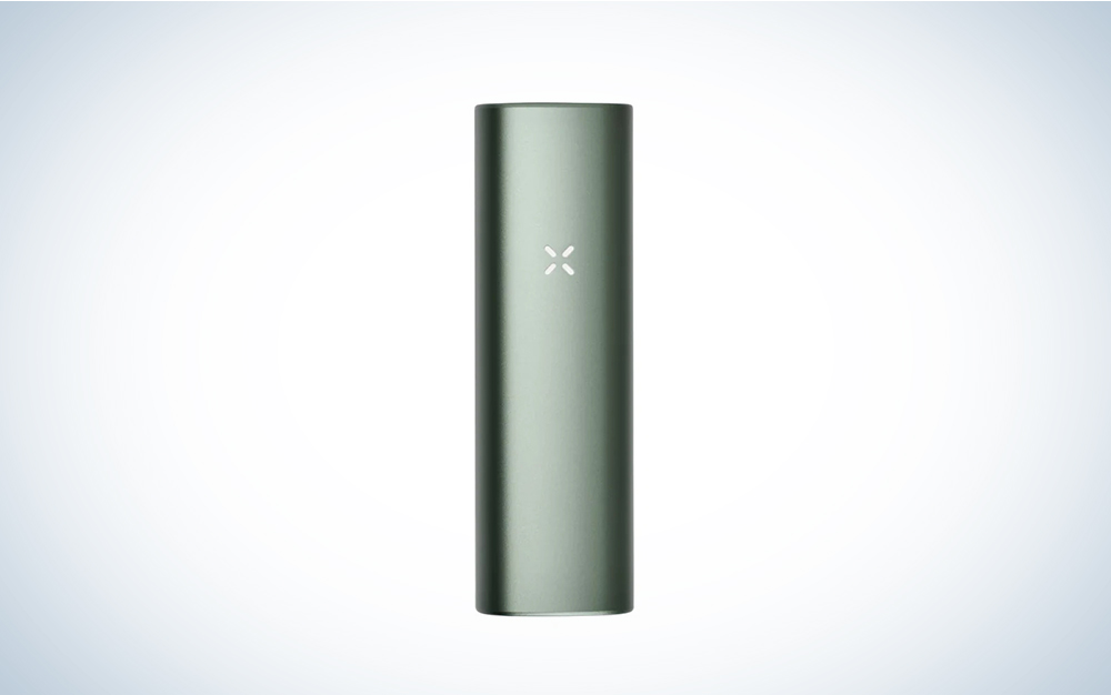 A green Pax Plus handheld vaporizer on a blue and white background