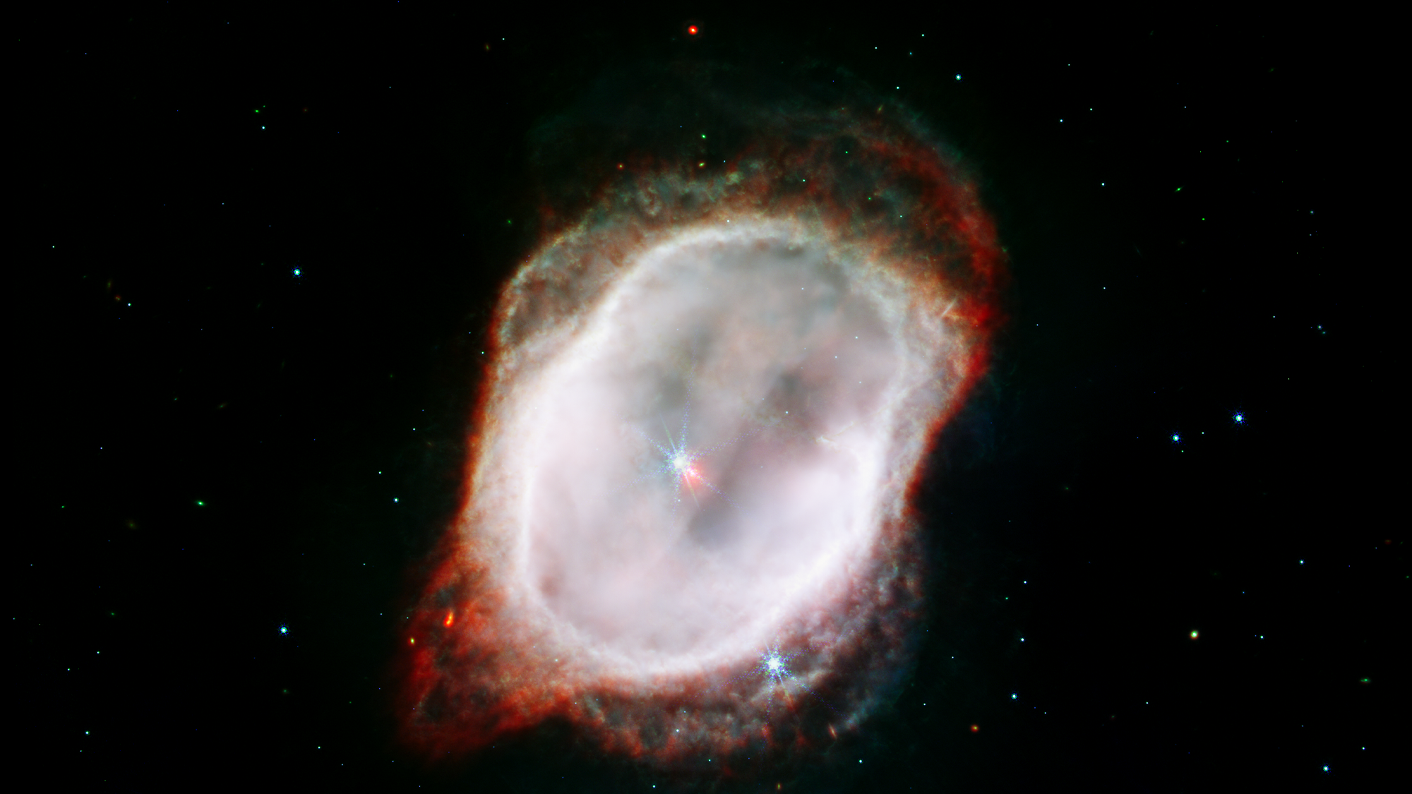 An image of the Southern Ring Nebula (NGC 3132), captured by Webb’s Near-Infrared Camera (NIRCam) and Mid-Infrared Instrument (MIRI).