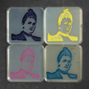 four bacteria art plates of a portrait of microbiologist Fanny Hesse. each one is different color, purple, yellow, pink, and blue