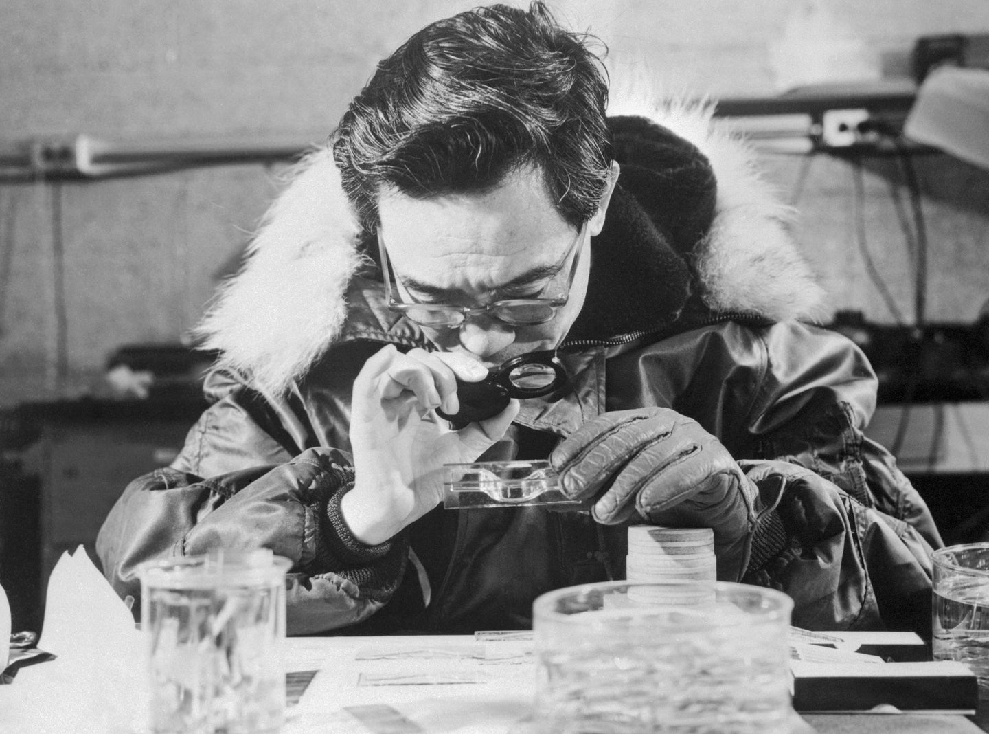 Arctic researcher studying permafrost samples for viruses and other microbes. Image is black and white.