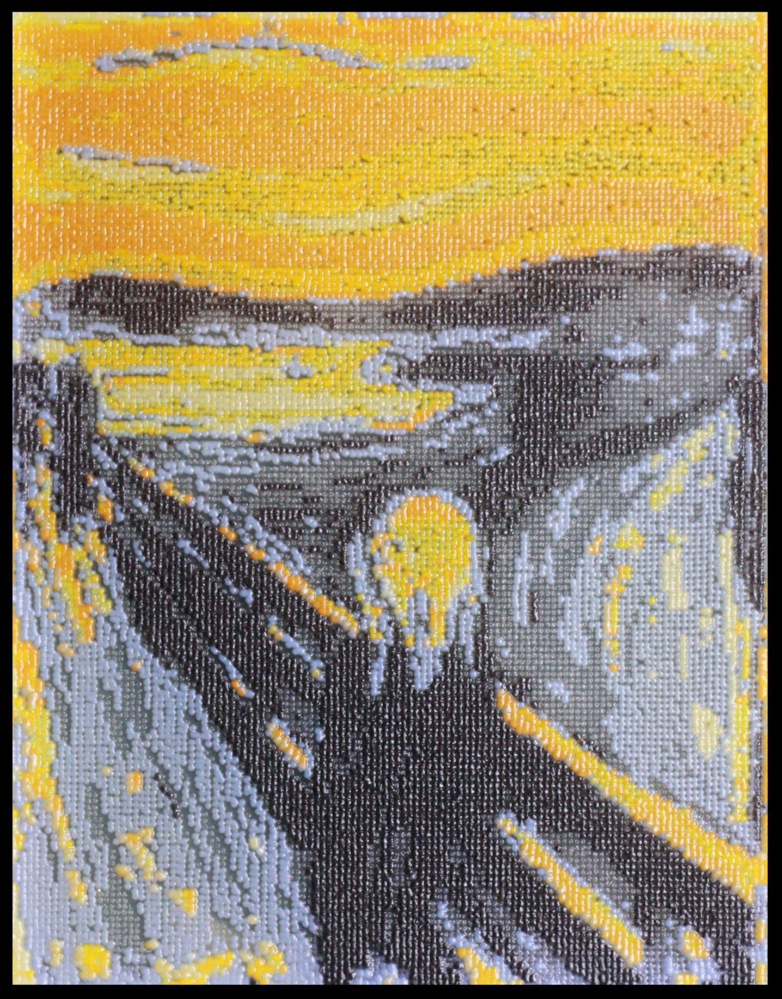 a pixelated replication of the famous painting, the scream, created with yeast
