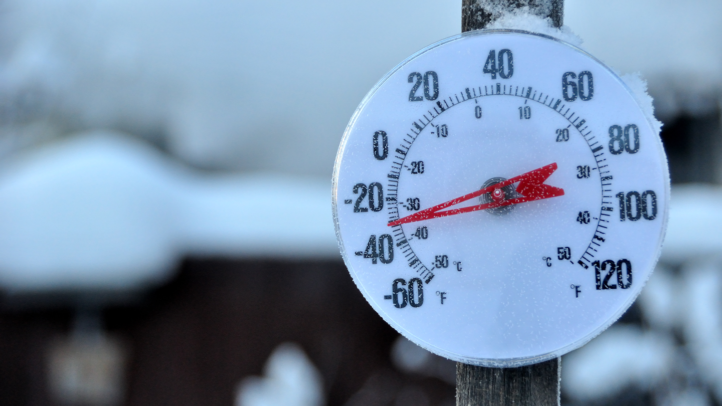A thermometer showing temperatures below zero.