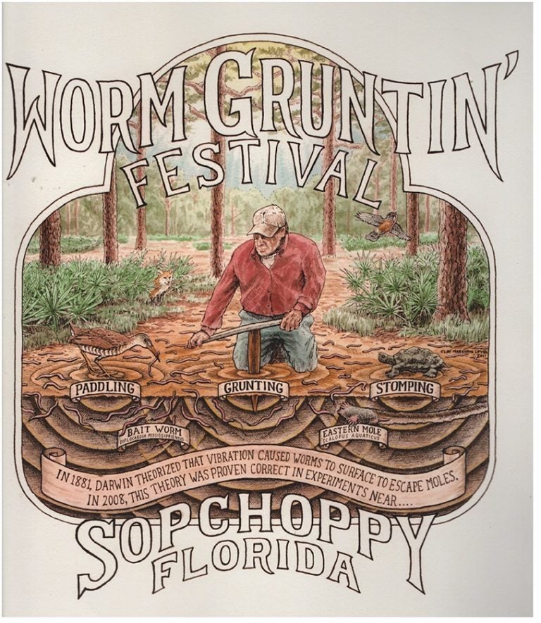 Worm gruntin' poster with a man using worm gruntin' tools on a forest floor. Illustrated in earth-tone colors.