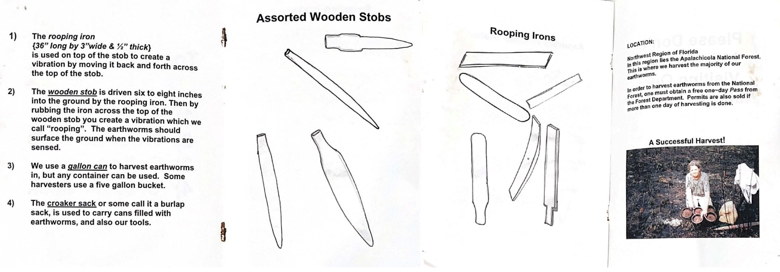 Diagrams of worm grunting tools and descriptions of how they should be used next to a photo of Audrey Revell in the field