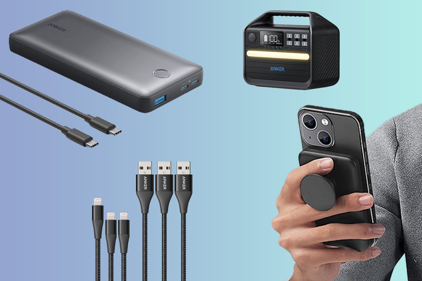 A variety of Anker charging products on a blue background
