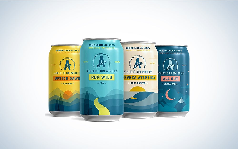 A variety of Athletic Brewing Company NA beers on a blue and white backgroundbest-na-beer