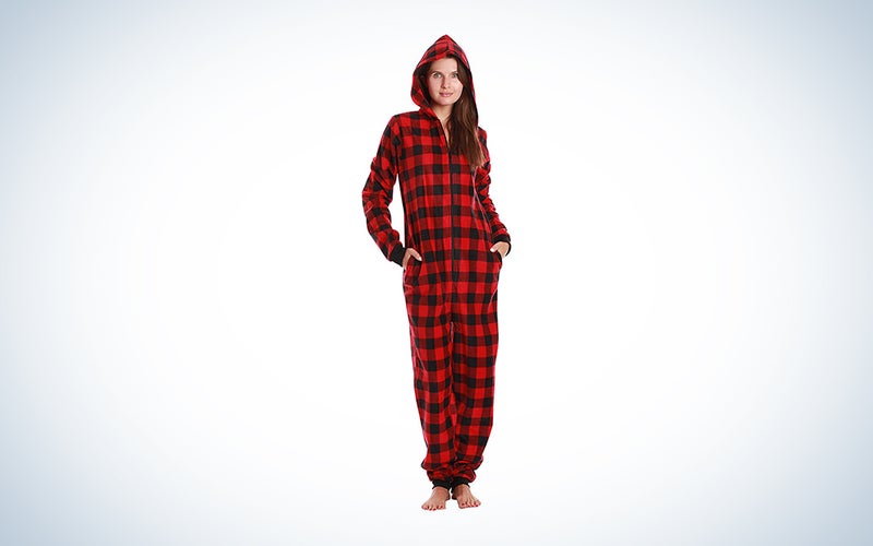 A red and black Buffalo plaid onesie with a blue background and white print