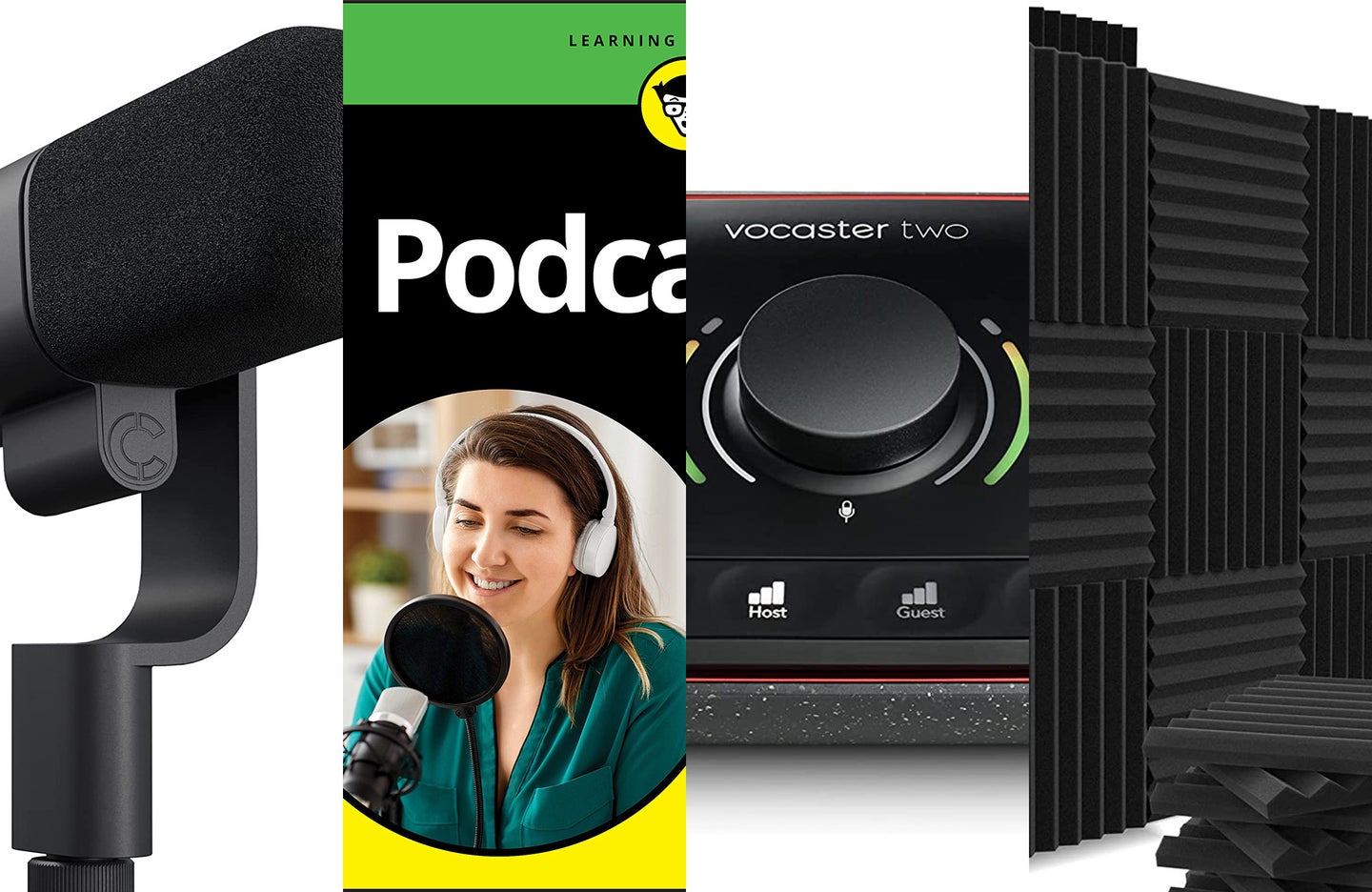 A lineup of podcast essentials on a white background