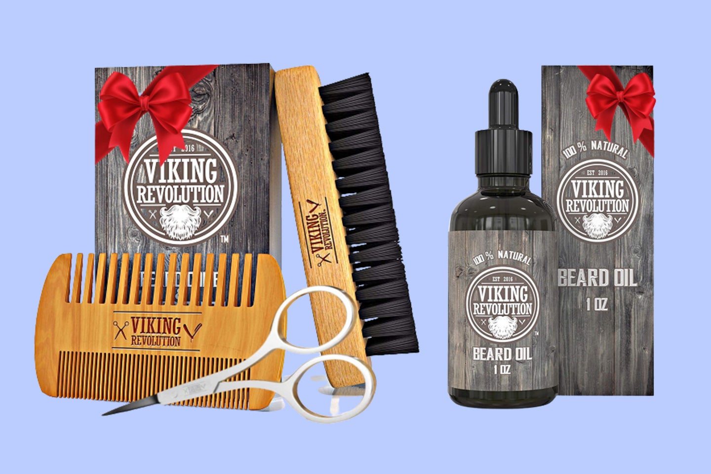 A lineup of beard products on a periwinkle background