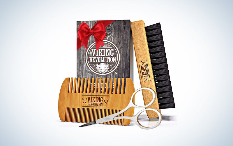 A Viking Revolution shave kit on a blue and white background