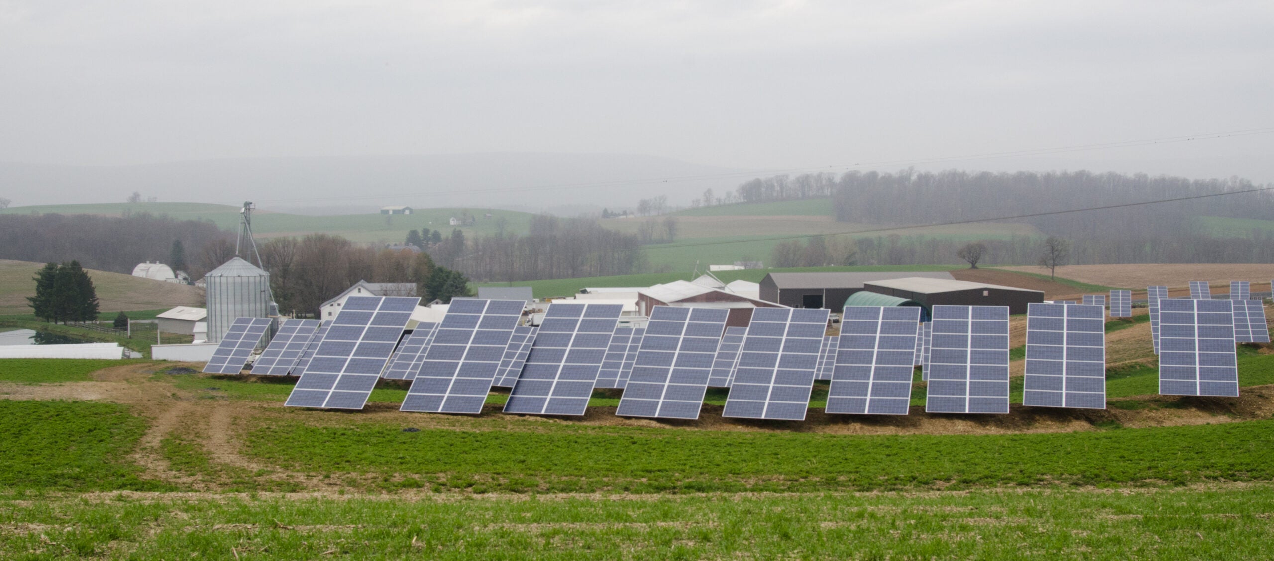 Farmland filled with solar panels on a foggy day