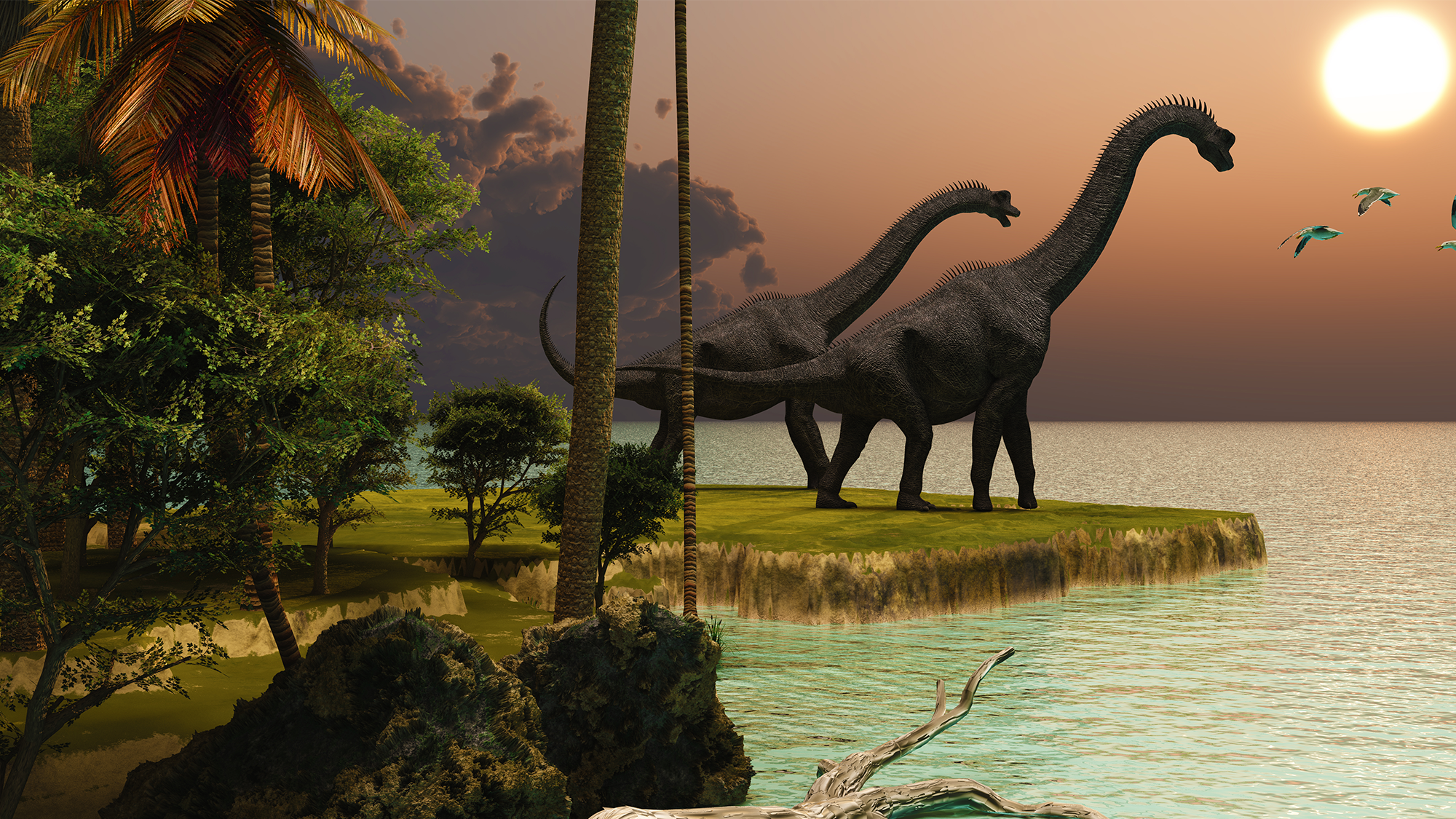 Two sauropods in the sunset.