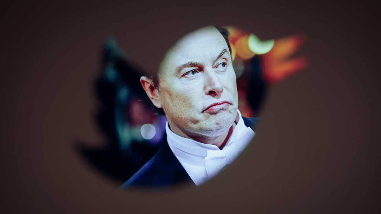 Elon Musk's face framed by Twitter bird logo cutout