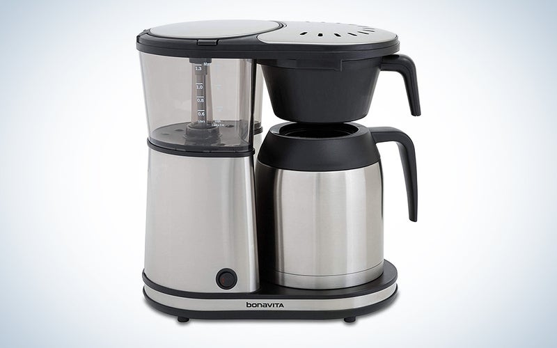 A Bonavita Connoisseur coffee maker on a blue and white background