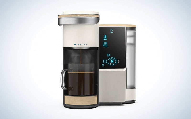 A BRUVI coffee maker on a blue and white background