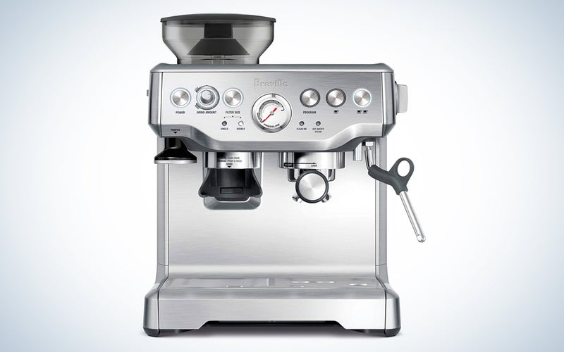 A Breville espresso machine on a blue and white background