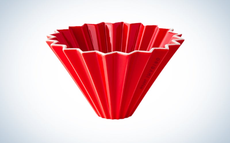 A red origami pour over coffee dripper