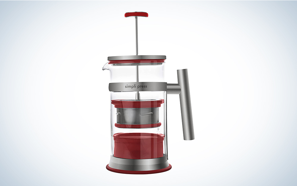 A red Simpli coffee press on a blue and white background
