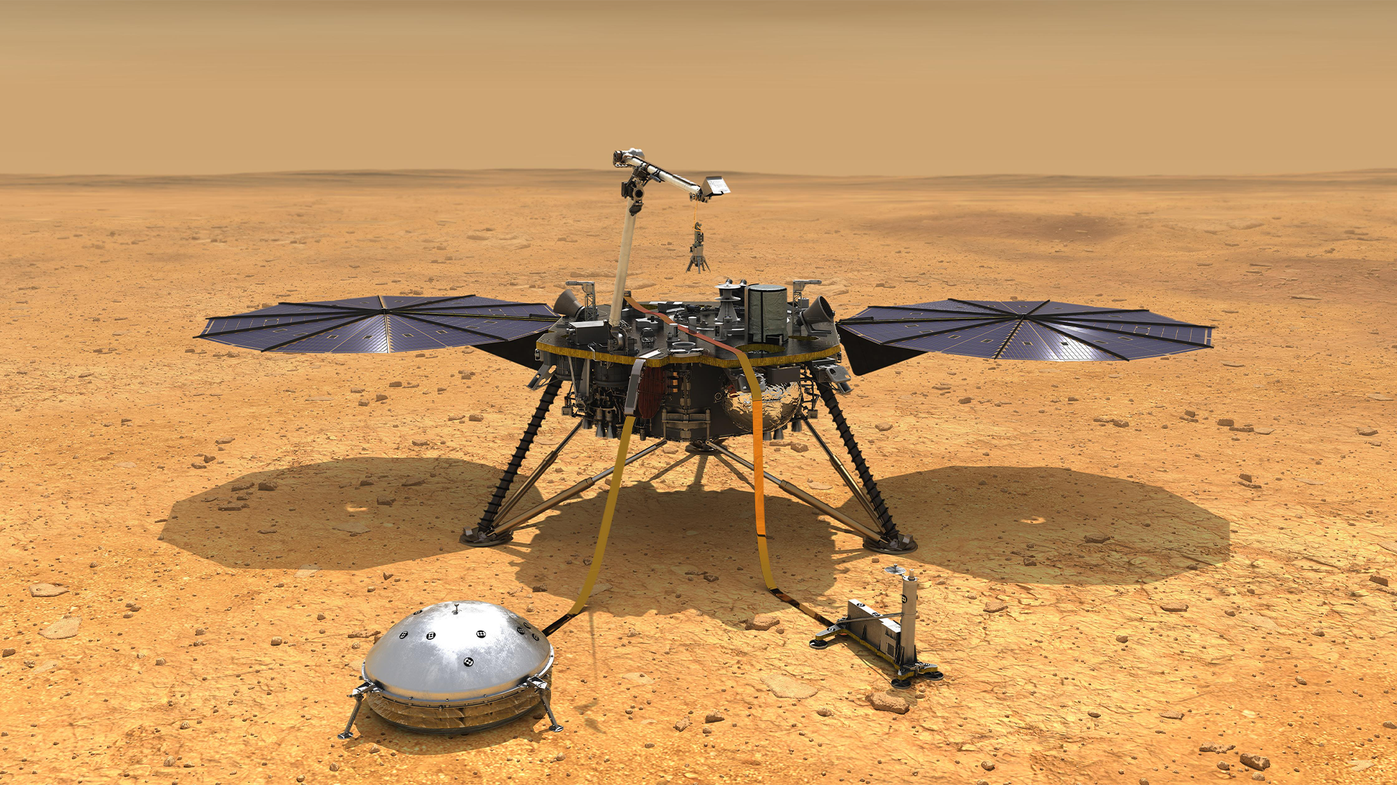 An illustration of NASA's InSight spacecraft with its instruments deployed on the Martian surface.