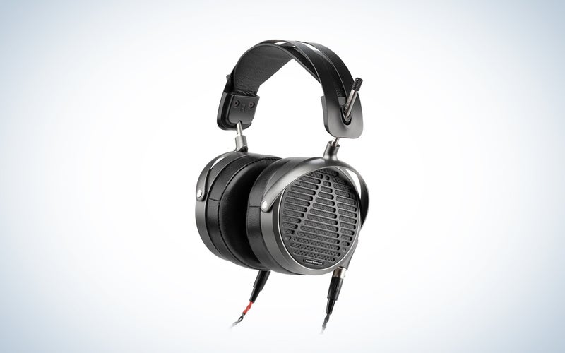 A pair of the Audeze MM-500 Planar-Magnetic Headphones on a blue and white background