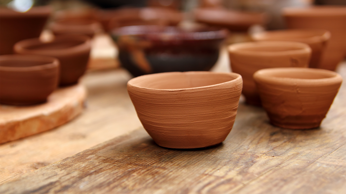 Clay pots in a modern day pottery studio.