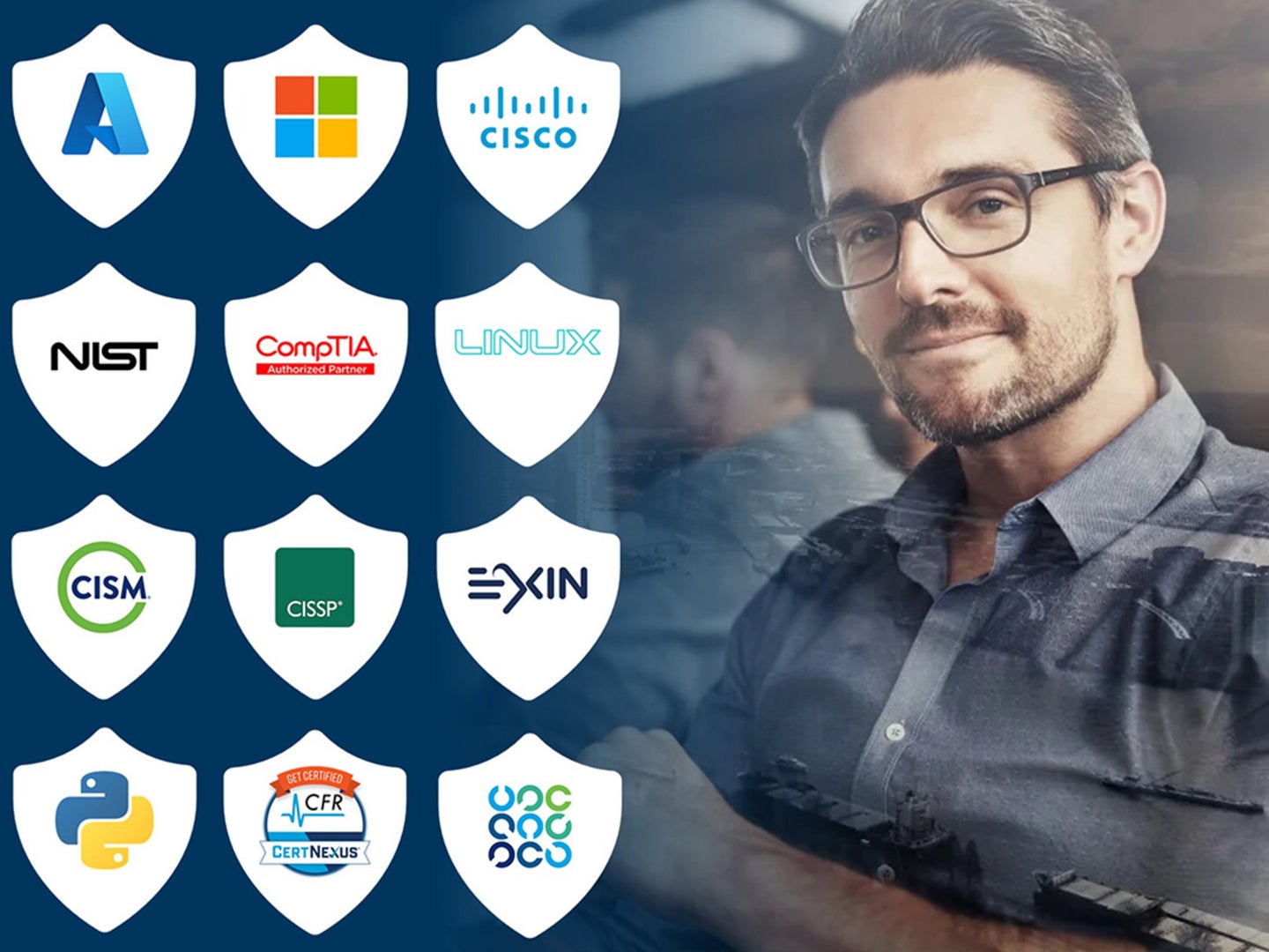 A man poses with logos of different cyber security companies