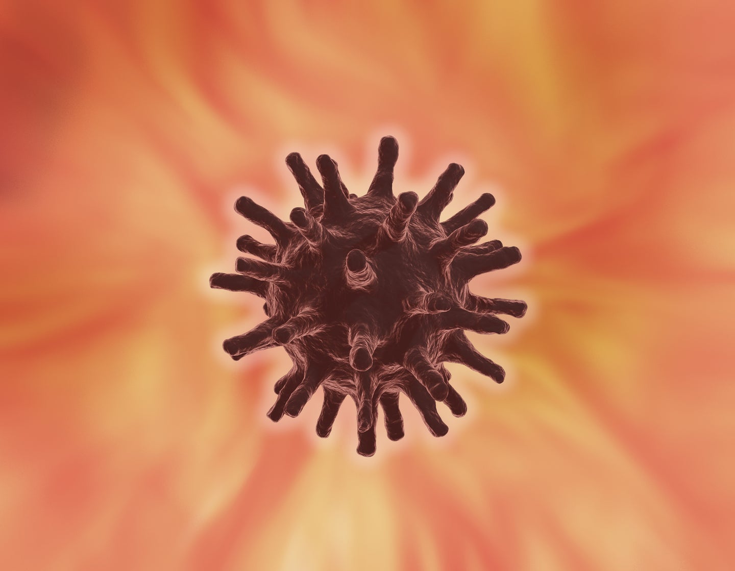 SARS-CoV-2 coronavirus cell modeled in purple on an orange background