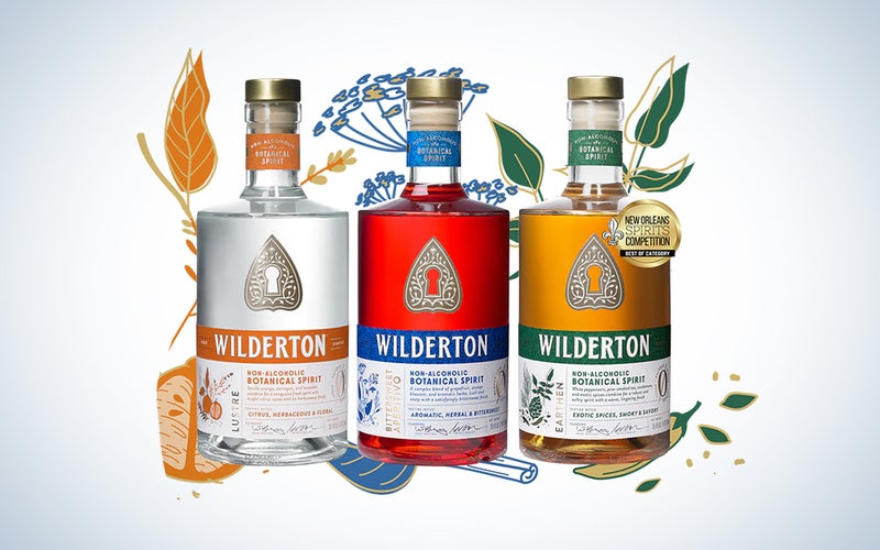 A lineup of Wilderton botanical spirits on a blue and white background