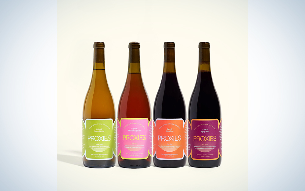 A lineup of Proxies wine on a blue and white background