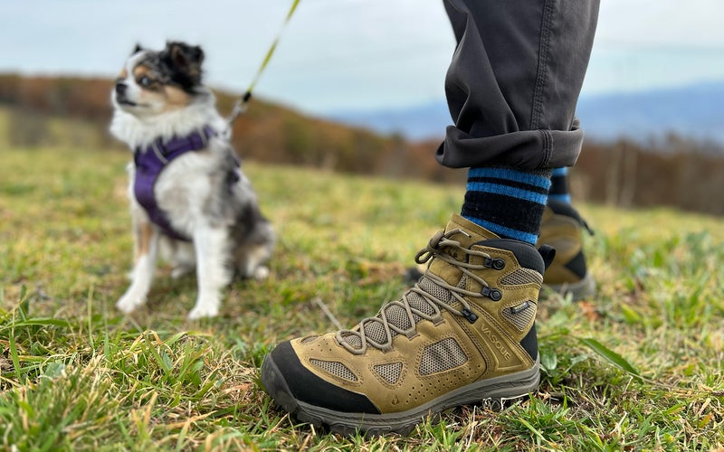 Vasque Men's Breeze waterproof hiking boots on the trail with the bestest dog