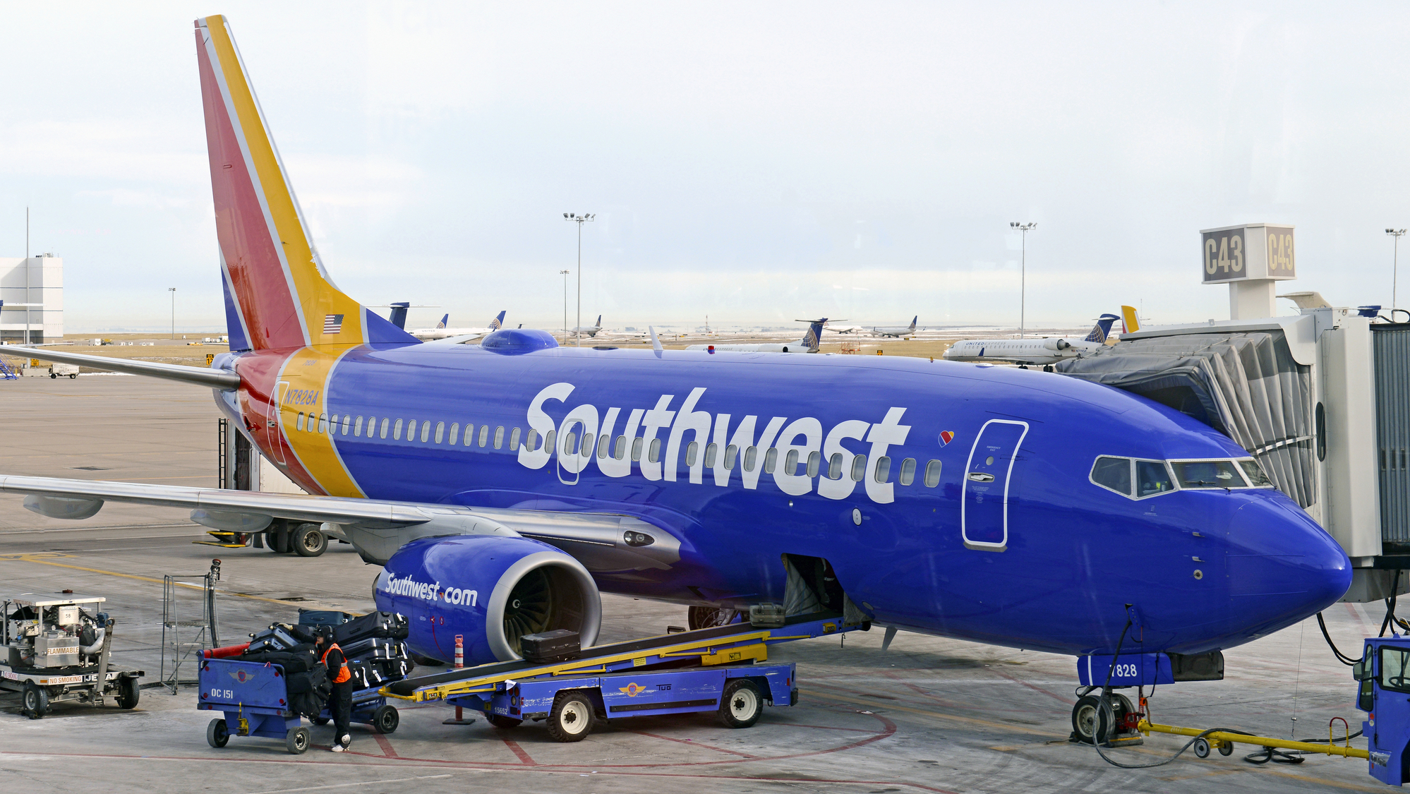 Southwest plane being loaded with baggage on tarmac
