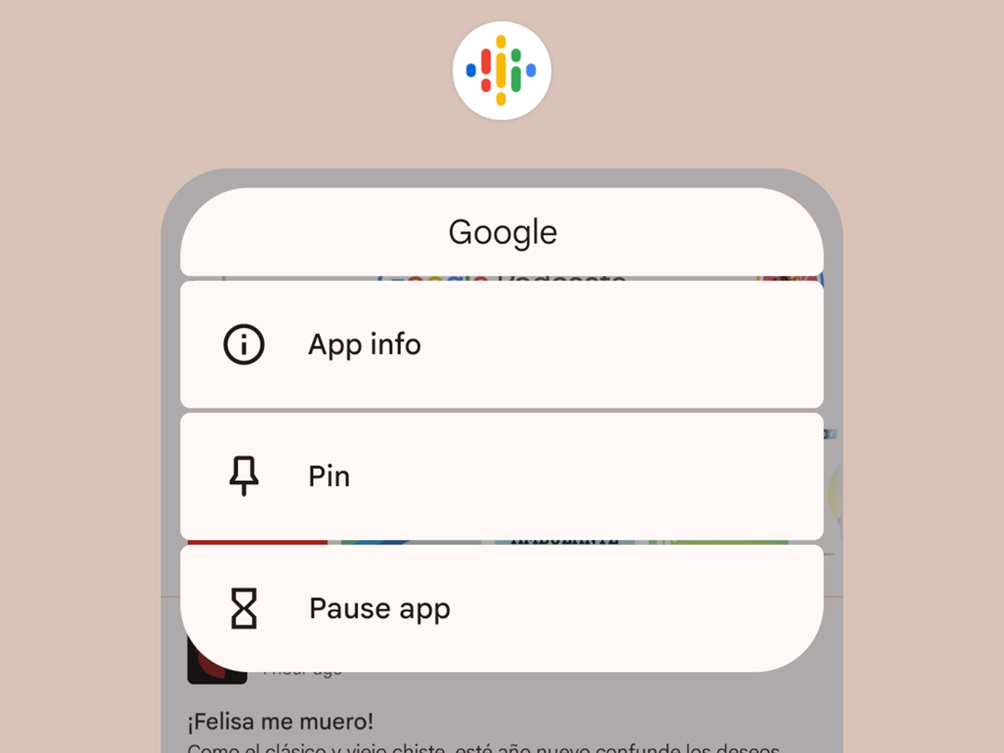 Android's app carrousel with app pinning options open.