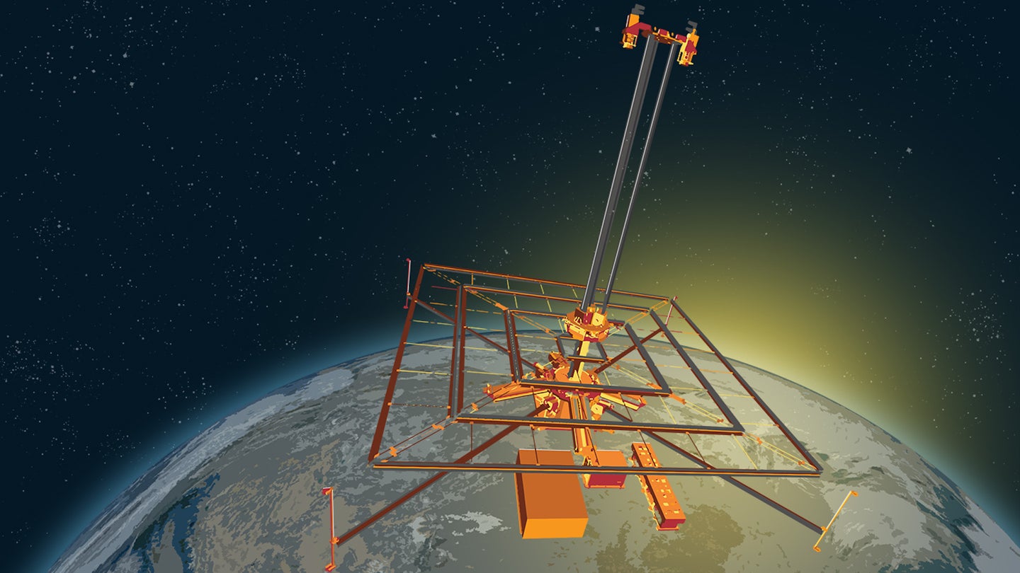 Concept image of solar power farming satellite orbiting above Earth