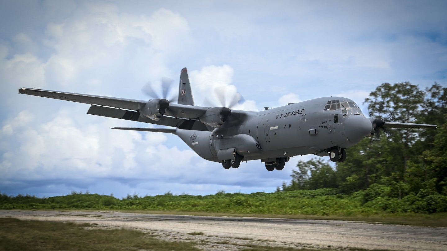 A C-130 lands on Angaur Island in Palau in November, 2022.