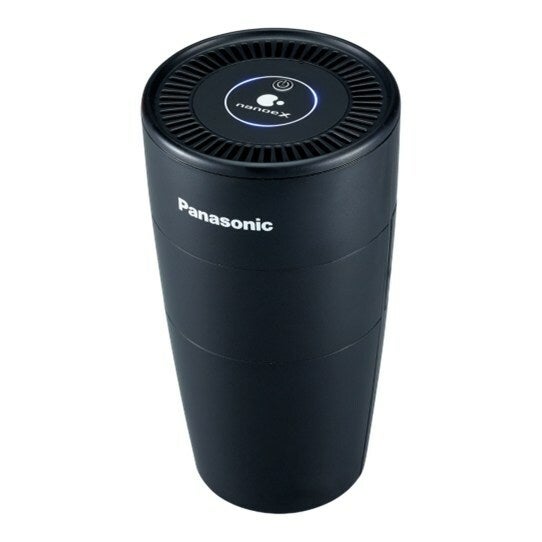 A white background with a black Panasonic air purifier
