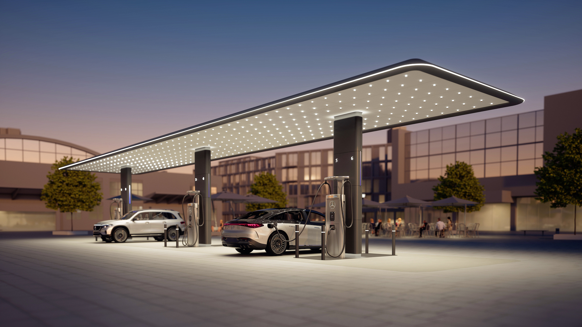 Concept rendering of two Mercedes-Benz EVs charging at public station