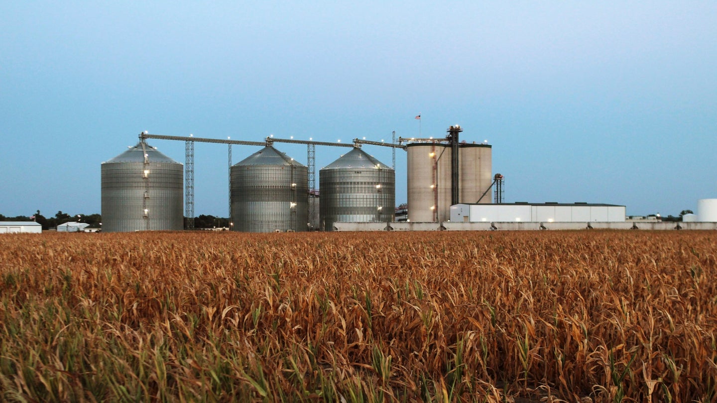 The United States is the largest producer of corn, which can be seen being harvested and stored in grain silos. With 40 percent of the corn produced used for ethanol, environmental groups argue that increased corn production leads to more fertilizer use and pollution.