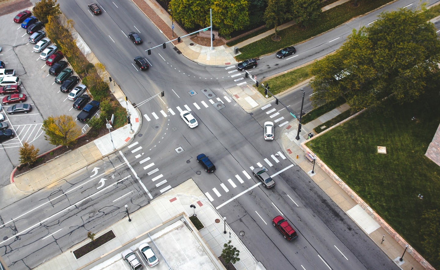 an aerial view of an intersection