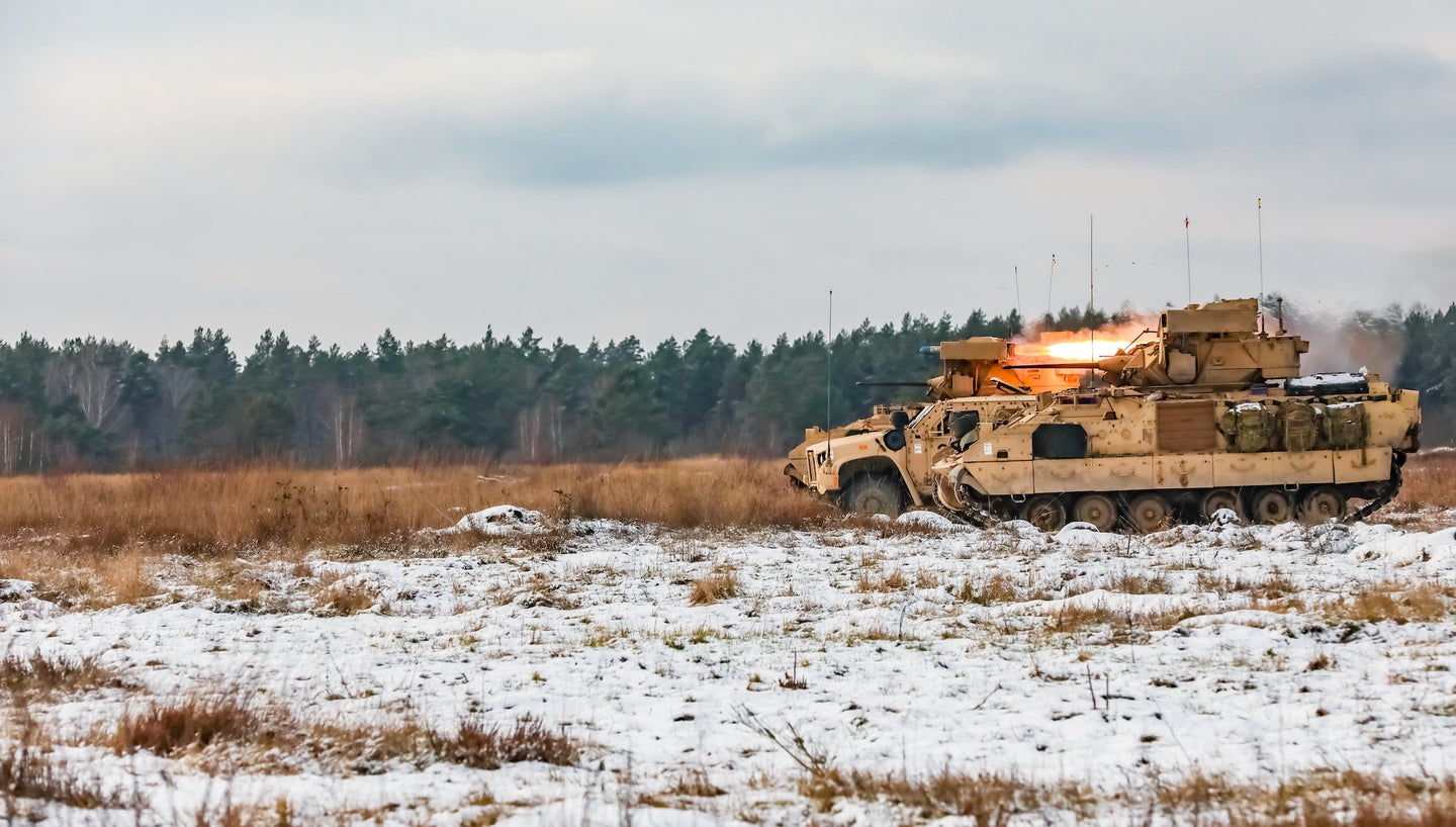 An M3 Bradley Fighting Vehicle fires a TOW missile during an exercise in Poland in December, 2022.