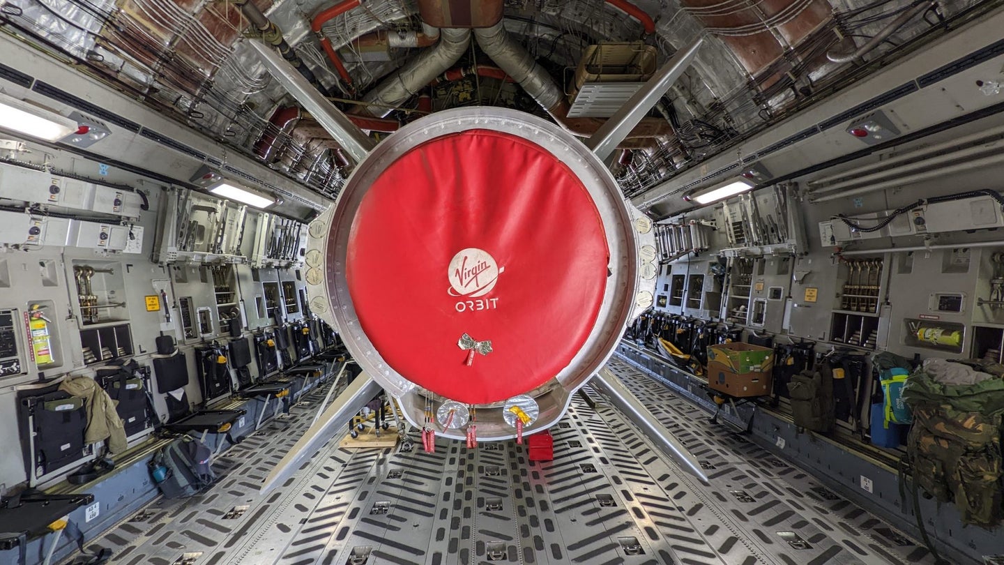 Interior of Virgin Orbit Boeing 747 plane containing rocket